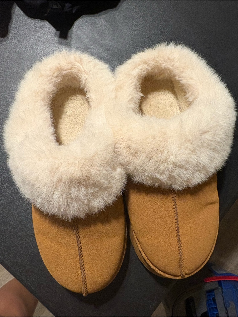SHEIN Tan Faux-Suede Slippers with Cream Plush Collar